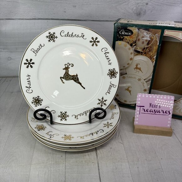 Gibson CELEBRATION White Gold Snowflakes Deer Ceramic Christmas Plates Set 4 NEW - Picture 1 of 16